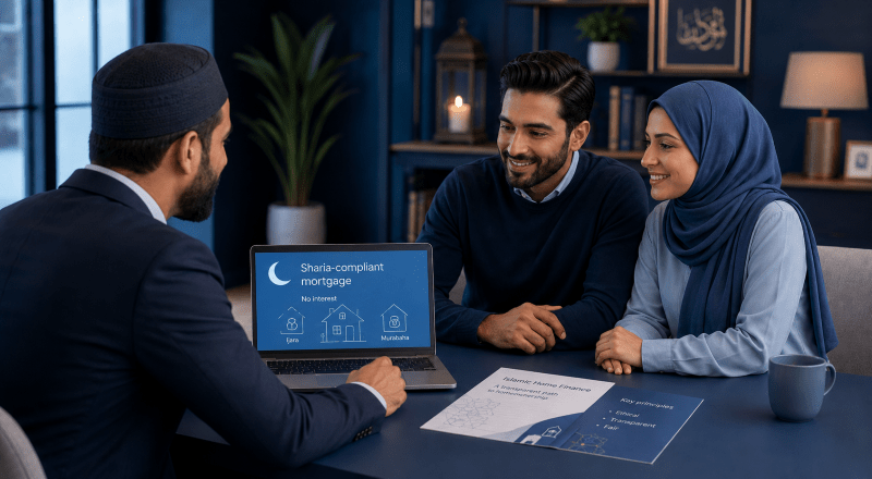 Islamic Mortgages Explained: an Islamic broker meeting a Muslim couple at a desk, with a laptop showing Sharia-compliant mortgage information in a blue-toned office.