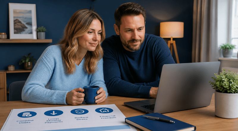 White couple reviewing remortgaging for debt consolidation options on a laptop with debt and payment documents on the desk
