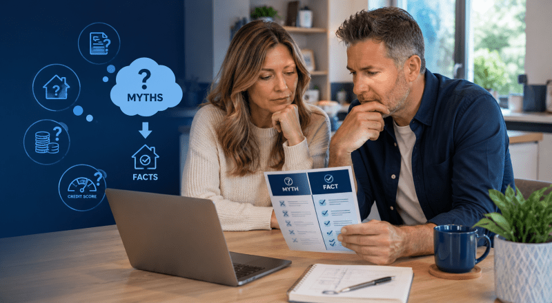 Mortgage Myths: White couple reviewing mortgage myth and fact information on a laptop and printed guide in a modern home setting
