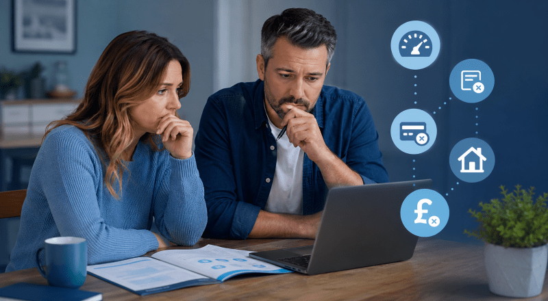 Mortgage Application Declined? Worried couple reviewing mortgage rejection factors, credit concerns and affordability details on a laptop.