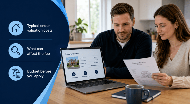 Mortgage Valuation Fees explained with a couple reviewing property valuation costs, lender fees and mortgage paperwork on a laptop