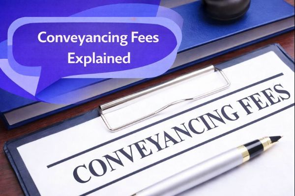 Conveyancing Fees Explained graphic showing a clipboard with conveyancing paperwork and a pen on a dark blue book, with a unique dark blue and light blue speech bubble containing Open Sans text “Conveyancing Fees Explained”.