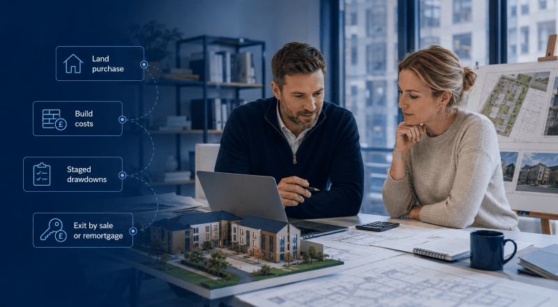 How Property Development Finance Works: couple reviewing development plans, build costs, staged drawdowns and exit options in a branded blue office setting