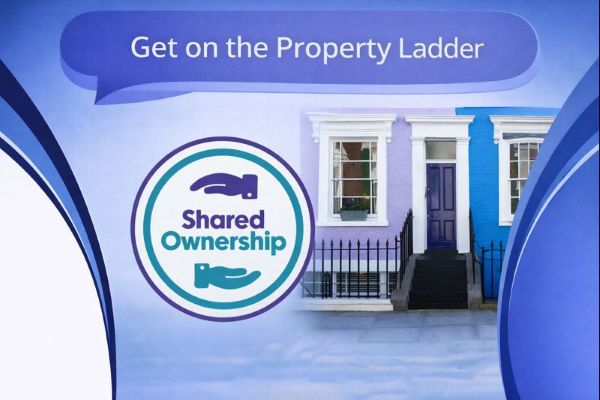 Blue branded graphic with a dark blue speech bubble reading “Get on the Property Ladder”. Below, the Shared Ownership logo appears on the left, and on the right is a photo of colourful terraced house fronts in purple and bright blue with white trim and a central dark door. Curved blue design elements frame the edges on a white background.