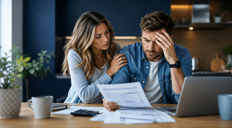 Mortgage application stress as a couple review paperwork and laptop documents at home