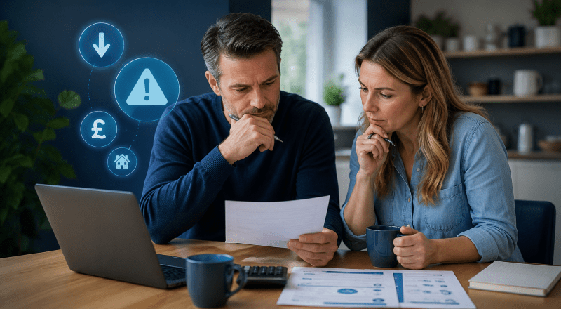 Home-Buying Pitfalls: concerned couple reviewing mortgage paperwork and laptop with warning, pound and home icons in blue branded colours.