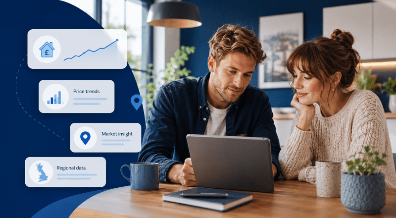 Young white couple reviewing property market data on a laptop, with icons showing price trends, market insight and regional data, illustrating UK House Price Growth in November 2022: A Market Study.