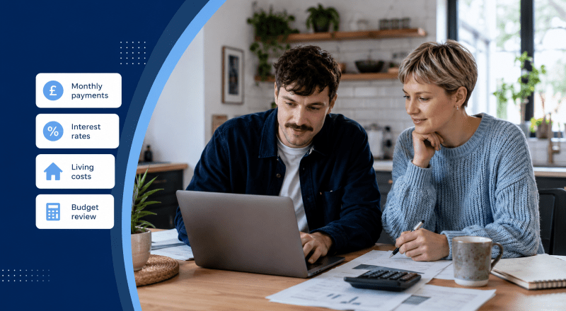Higher Living Costs and Mortgage Affordability: young couple reviewing household finances at a kitchen table with a laptop, calculator and budget documents, alongside icons for monthly payments, interest rates, living costs and budget review.