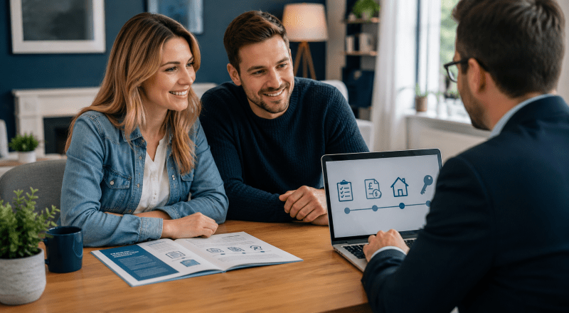 How Can I Get a Mortgage in the UK? Couple discussing the mortgage application process with an adviser.