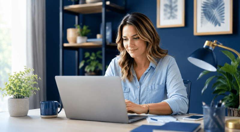 How Lenders Assess Self-Employed Mortgage Income - self-employed woman reviewing mortgage paperwork on a laptop in a blue home office.