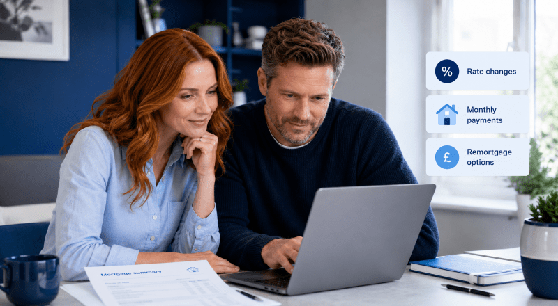 White couple reviewing mortgage options on a laptop, showing how mortgage rates change your monthly payments.