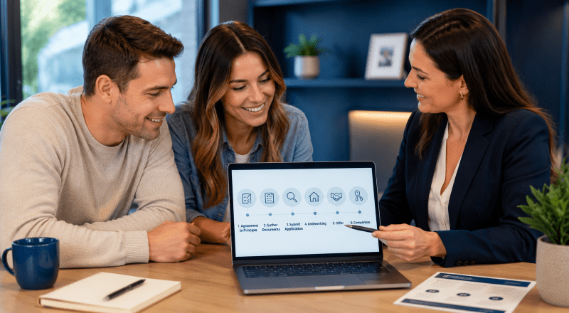 Mortgage Application Process explained on a laptop during a broker meeting with a white couple and mortgage adviser