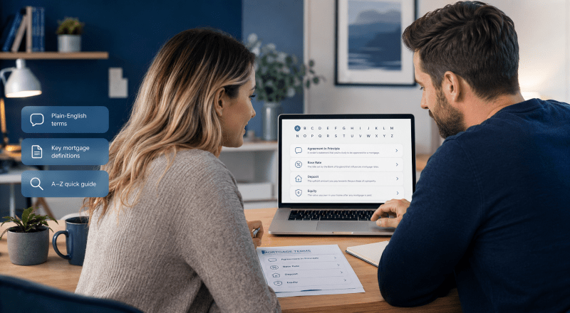 Mortgage Terms Explained with a couple reviewing an A-Z mortgage glossary on a laptop