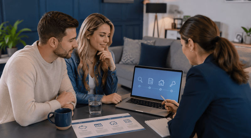White couple speaking with a mortgage adviser before buying a home, reviewing laptop guidance and mortgage planning steps.