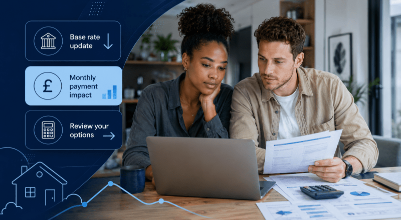 Bank Rate Rises to 4.25% : What Mortgage Borrowers Need to Check, showing a young mixed couple reviewing mortgage papers with rate, payment and review option icons