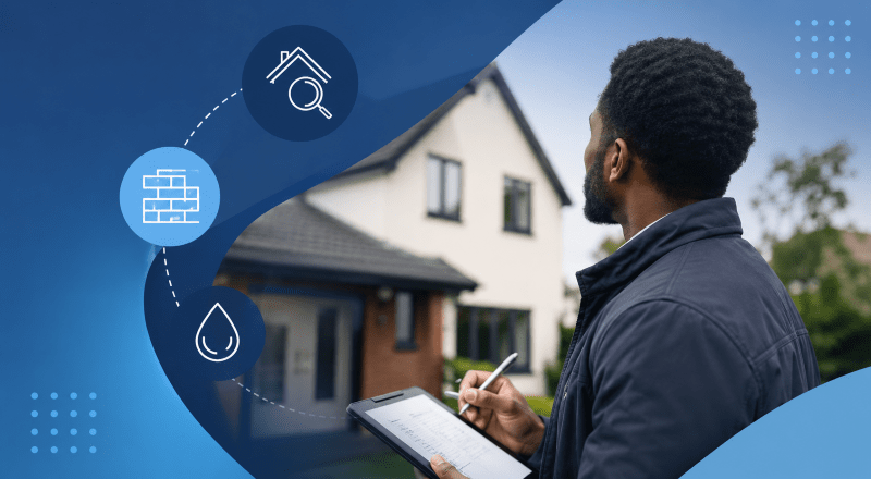 Which Property Survey Do You Need? Surveyor reviewing a home with property inspection icons for structure, roof and damp checks.