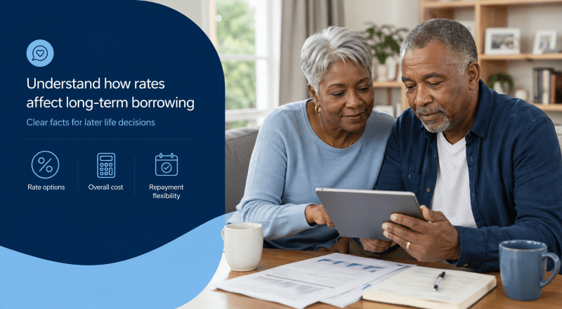 Equity Release Interest Rates explained with an older couple reviewing rate options, overall cost and repayment flexibility at home