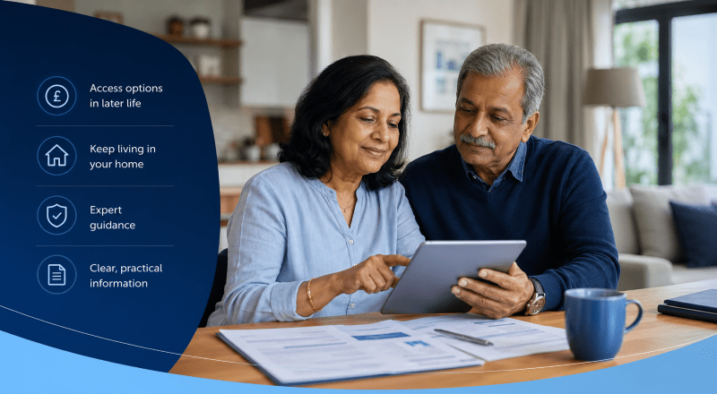 Equity Release Mortgage Guide UK showing an older couple reviewing later life mortgage options at home with financial guidance icons