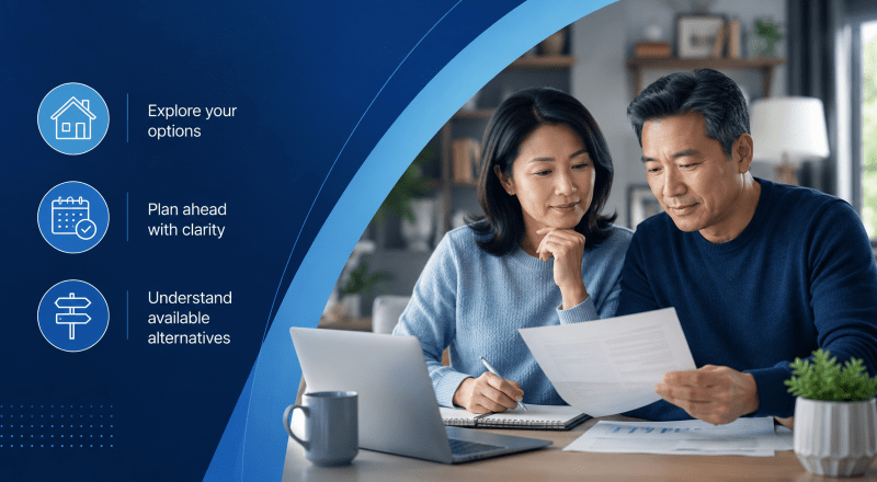 Equity Release for Under 55 - couple reviewing mortgage options at home with planning icons
