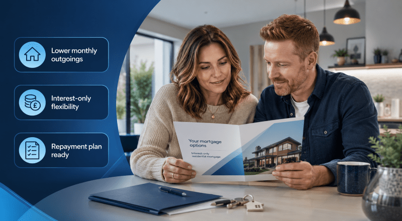 White couple reviewing interest-only residential mortgage paperwork with repayment plan icons in blue branded website hero image