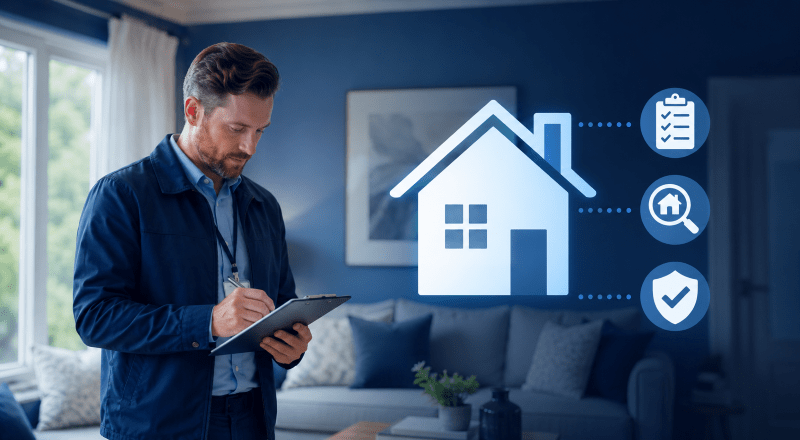 Mortgage valuation process guide showing a home inspection checklist and property review icons