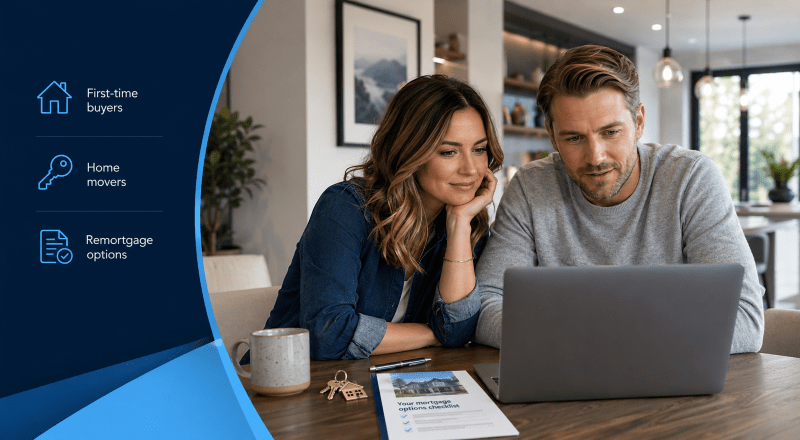 Residential Mortgage Broker helping a couple review mortgage options on a laptop with home mover and remortgage icons