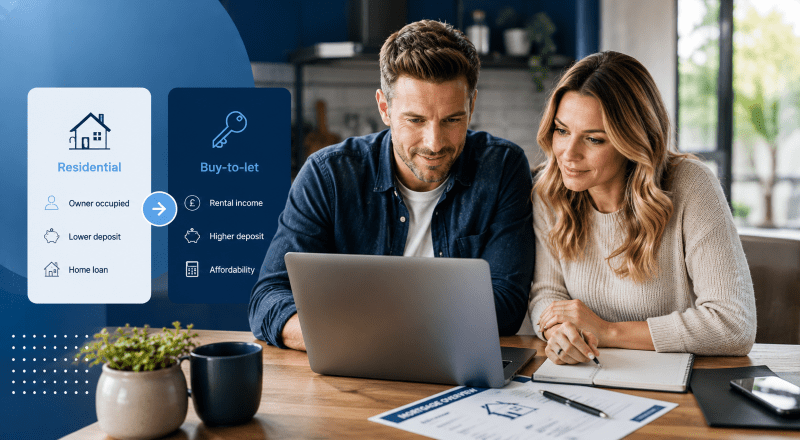 White couple reviewing options on a laptop, with branded comparison panels showing the move from Residential to Buy-to-Let mortgage criteria.