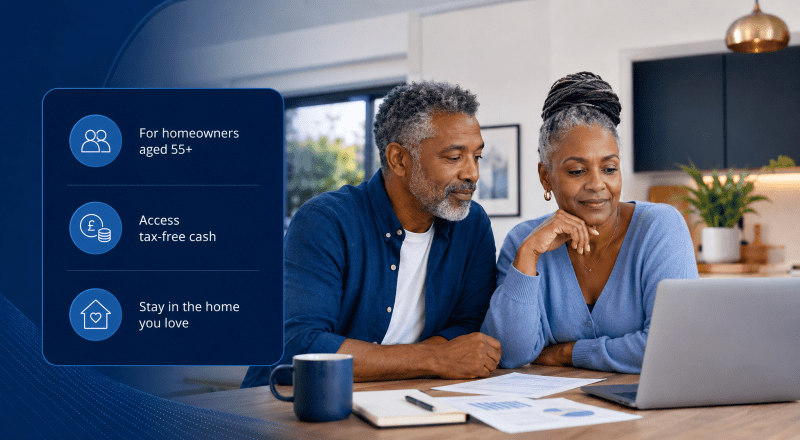 The Current State of Equity Release in 2023, showing an older couple reviewing later-life mortgage options at home with equity release icons
