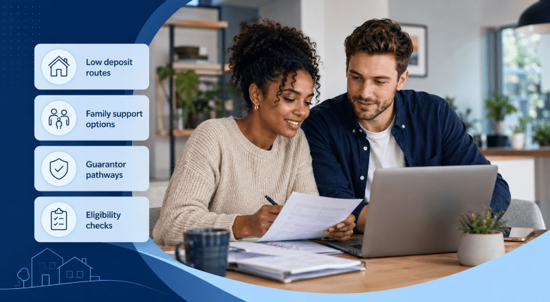 How to Qualify for a No-Deposit Mortgage, showing a young mixed couple reviewing mortgage options with low deposit, guarantor and eligibility icons