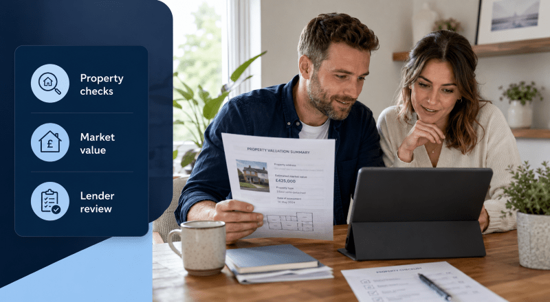 Mortgage Valuation Results and Lending Decisions: couple reviewing a property valuation summary with lender review icons on a branded blue mortgage website hero image.