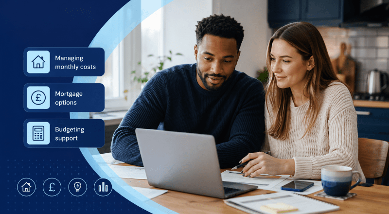 The Cost of Living and Mortgage Affordability: a young mixed-race couple reviewing household finances and mortgage options on a laptop at home, with budgeting and cost-management icons in a blue branded layout.