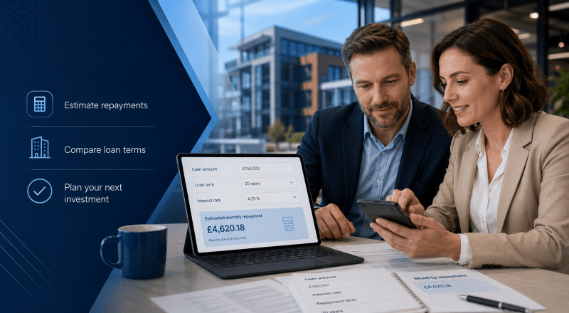 Commercial Loan Calculator showing business owners comparing loan terms and estimated repayments on a laptop.