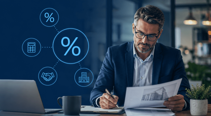 Commercial loan interest rates adviser reviewing commercial finance paperwork with percentage and property icons