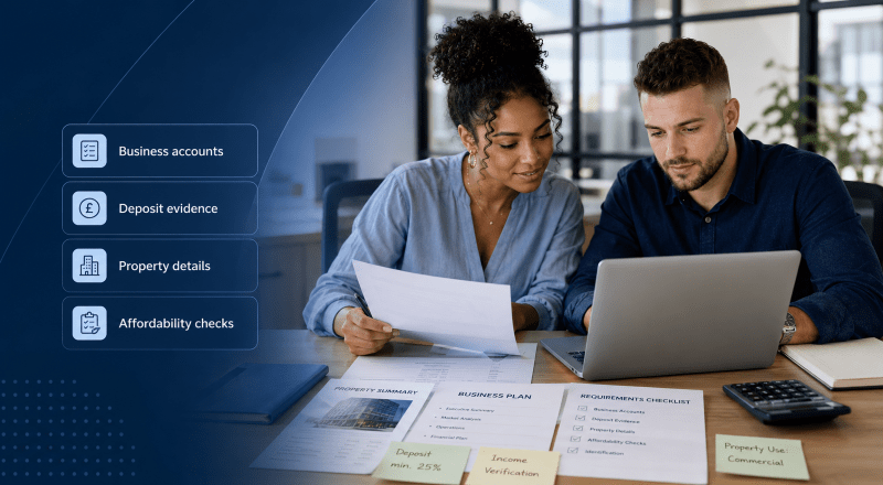 Commercial Loan Requirements checklist with young mixed couple reviewing business accounts, deposit evidence and property details in a modern office