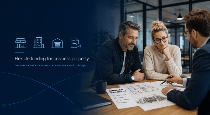 Commercial Loan Types Explained – business owners reviewing commercial property finance options with an adviser