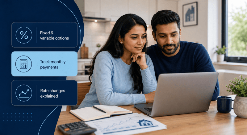 Mortgage Rates in 2023: Four Factors That Reduced the Shock, showing a couple reviewing mortgage rate options with icons for fixed rates, payments and rate changes.