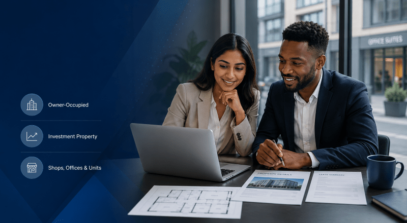 What is a Commercial Mortgage? Young mixed couple reviewing commercial property finance documents and a laptop with icons for owner-occupied, investment property, shops, offices and units.