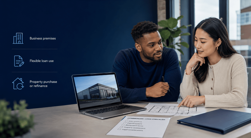 What is a commercial loan? Young mixed couple reviewing commercial property plans and loan paperwork in a modern office with business finance icons.