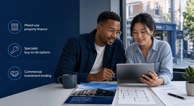 Commercial Buy-to-Let Mortgages showing a young mixed couple reviewing specialist property finance options with commercial investment documents and icons.