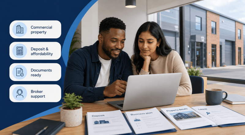 Commercial Mortgage Application showing a young mixed couple reviewing business property documents with broker support icons