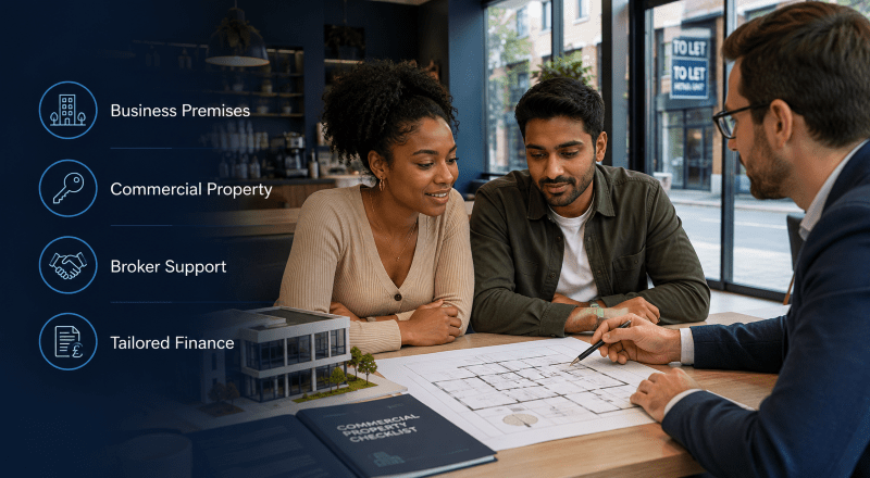Commercial Mortgage Brokers supporting a young mixed couple reviewing commercial property finance options with a broker