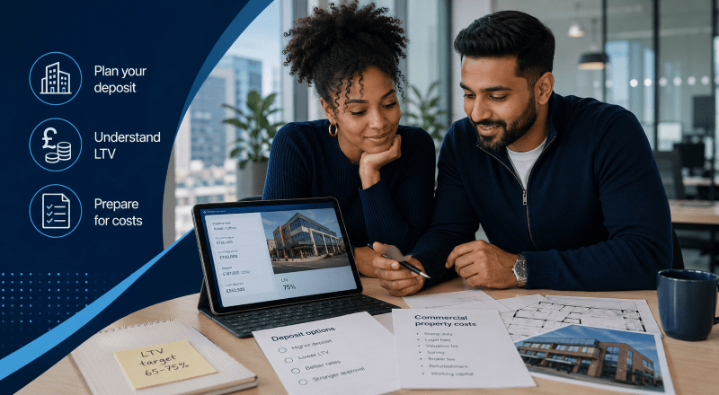 Young mixed couple reviewing Commercial Mortgage Deposits, LTV and property costs in a modern office setting