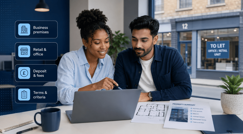 Commercial Mortgages Explained, showing a young mixed couple reviewing business premises finance on a laptop with commercial property documents, office and retail icons, and blue branded styling.