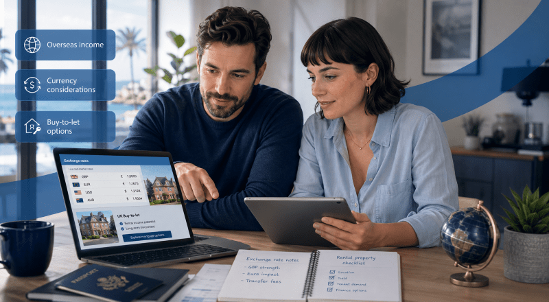 Exchange Rates and Expat Buy-to-Let Mortgages adviser discussion with overseas income, currency and UK rental property finance icons