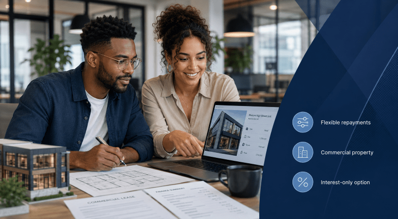 Interest-Only Commercial Mortgages hero image showing a young mixed couple reviewing commercial property finance options on a laptop with branded blue icons for flexible repayments, commercial property and interest-only options.