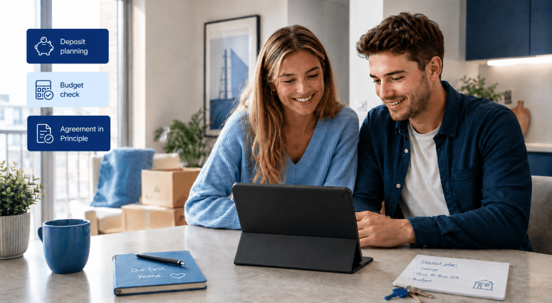 Mortgage Advice for First-Time Buyers reviewing deposit planning and budget checks on a tablet in their first home