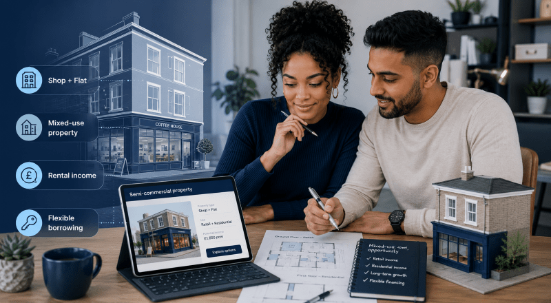 Semi-Commercial Mortgages Explained with a young mixed couple reviewing a shop and flat property finance plan
