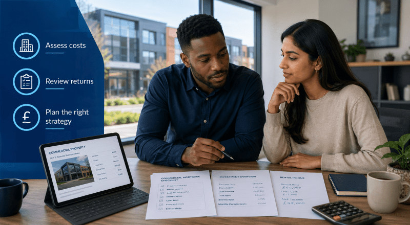 When Does a Commercial Mortgage Make Investment Sense? Young mixed couple reviewing commercial mortgage costs, rental income and investment strategy in a modern office.