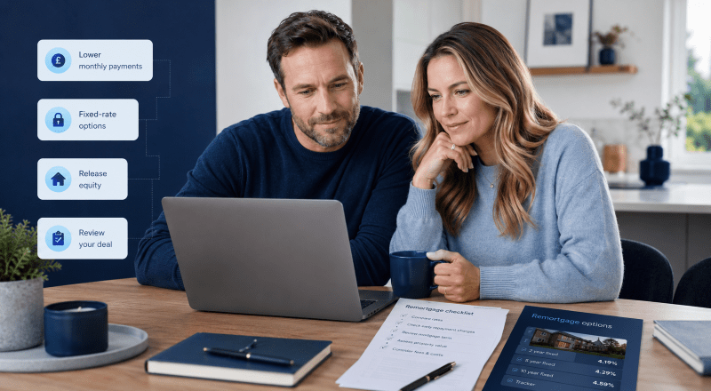 7 Checks Before Remortgaging to Consolidate Debt – couple reviewing remortgage options on a laptop with checklist icons and mortgage paperwork