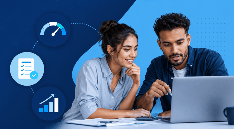 Business Loan With Poor Credit hero image showing a young mixed couple reviewing finances on a laptop, with business finance and credit-related icons in dark blue and light blue brand colours.